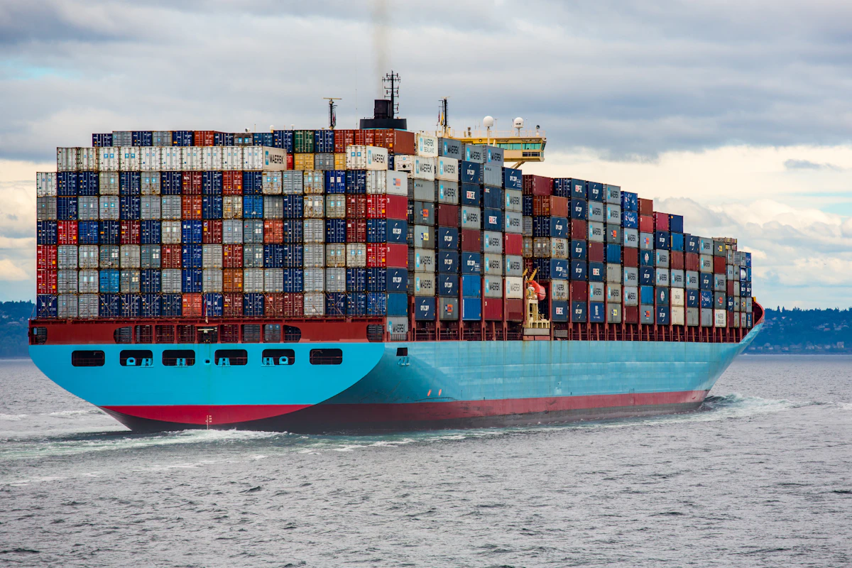 Fully loaded container ship under way at sea